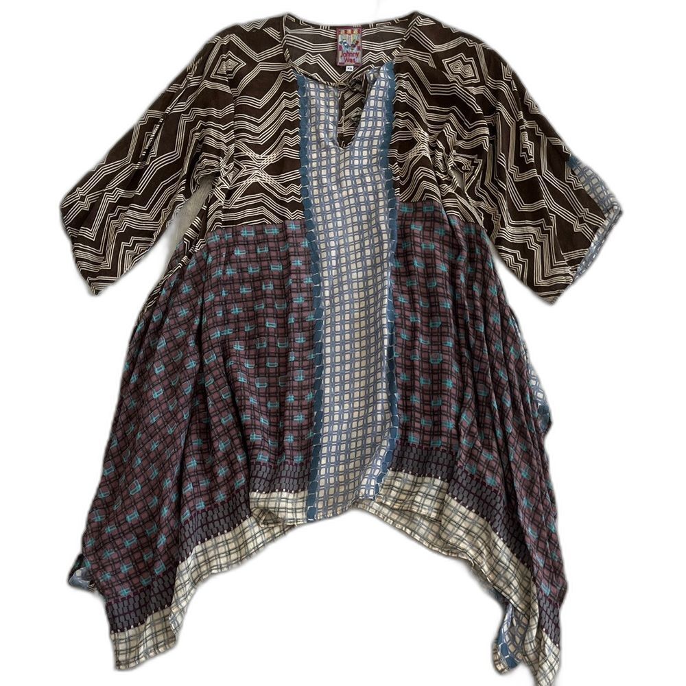 Johnny Was Geometric Satin Tunic Wrap Top Shirt Dress Split Hem Womens XS Boho